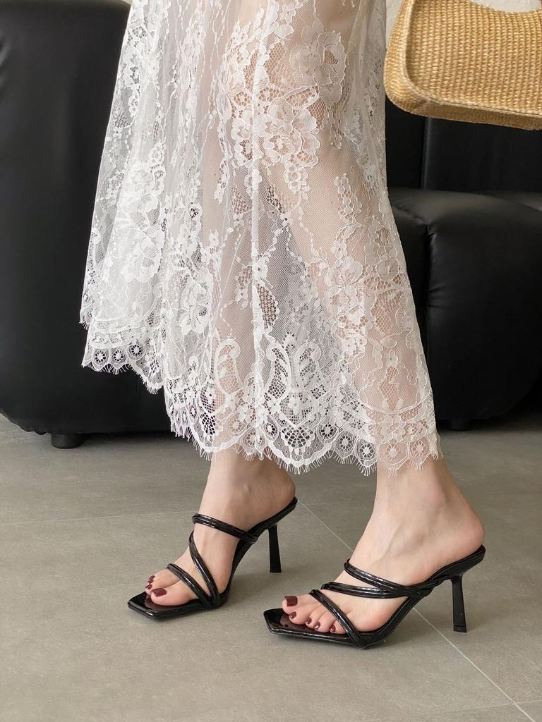 2025 European and American style nude high-heeled irregular strap high-heeled square-head slippers