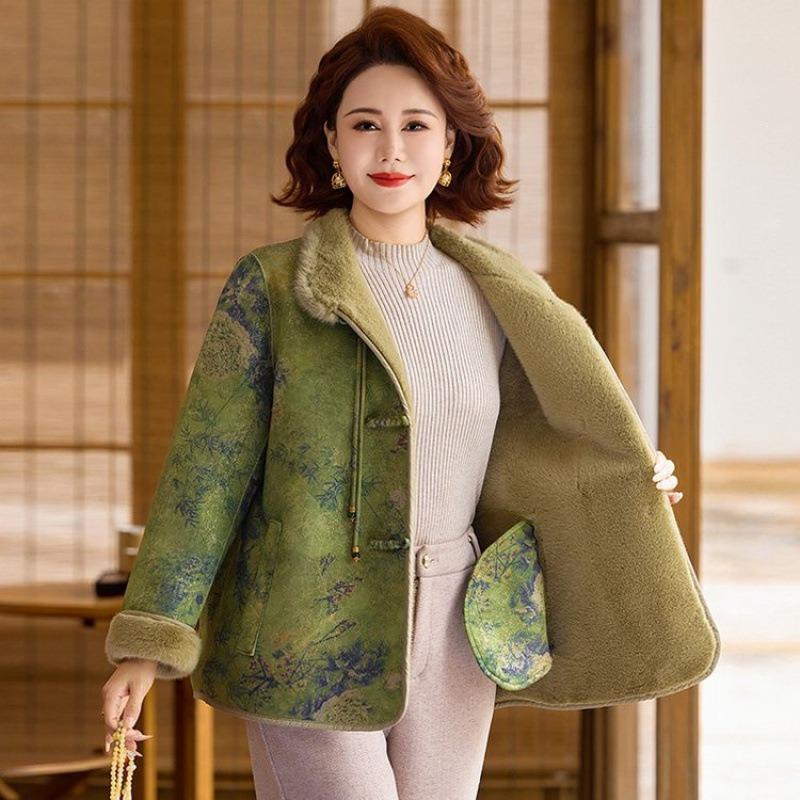 Fashion Mother's Buckle Medium and Old Women's Coat Double-sided Wear Fleece Thickened Winter Coat