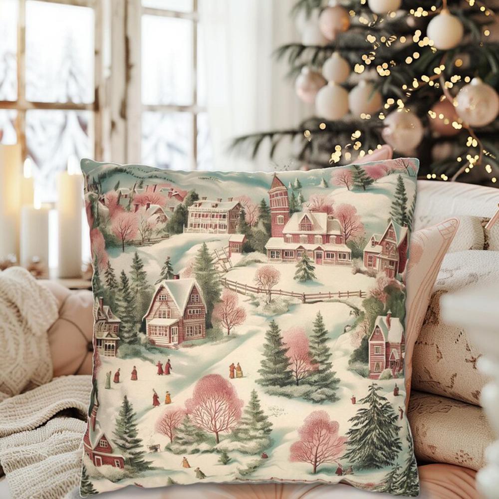 Pink Mint Green Christmas Pillow Vintage Style Christmas Village Pink Pillow Christmas Day Pillow Pink Decorative Gift