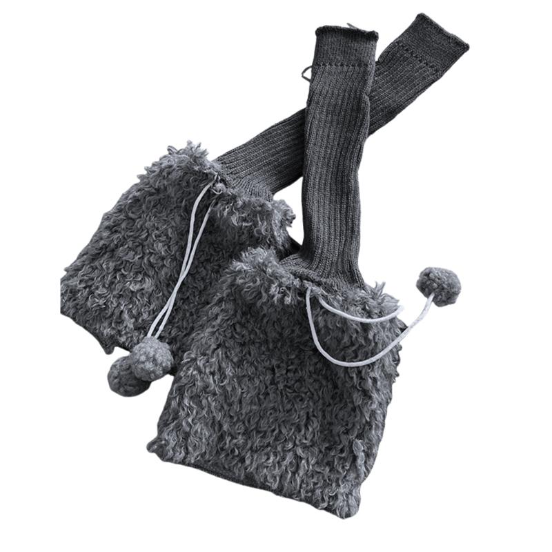 Ribbed Knit Patchwork Leg Warmers for Women Winter Sweet Bowknot Furry Plush Boot Covers Over Knee Long Socks Streetwear серый
