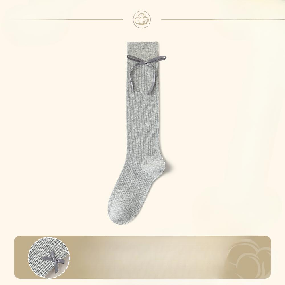 Ladies Spring and Summer Solid Color Sweet Tie Bow Calf Socks