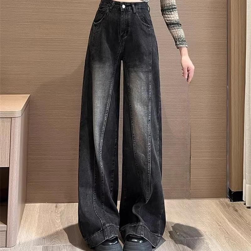Wide Leg Jeans for Women High Waisted Slim fit Loose fit With Fleece Black Gray Drape Straight Leg Pants K