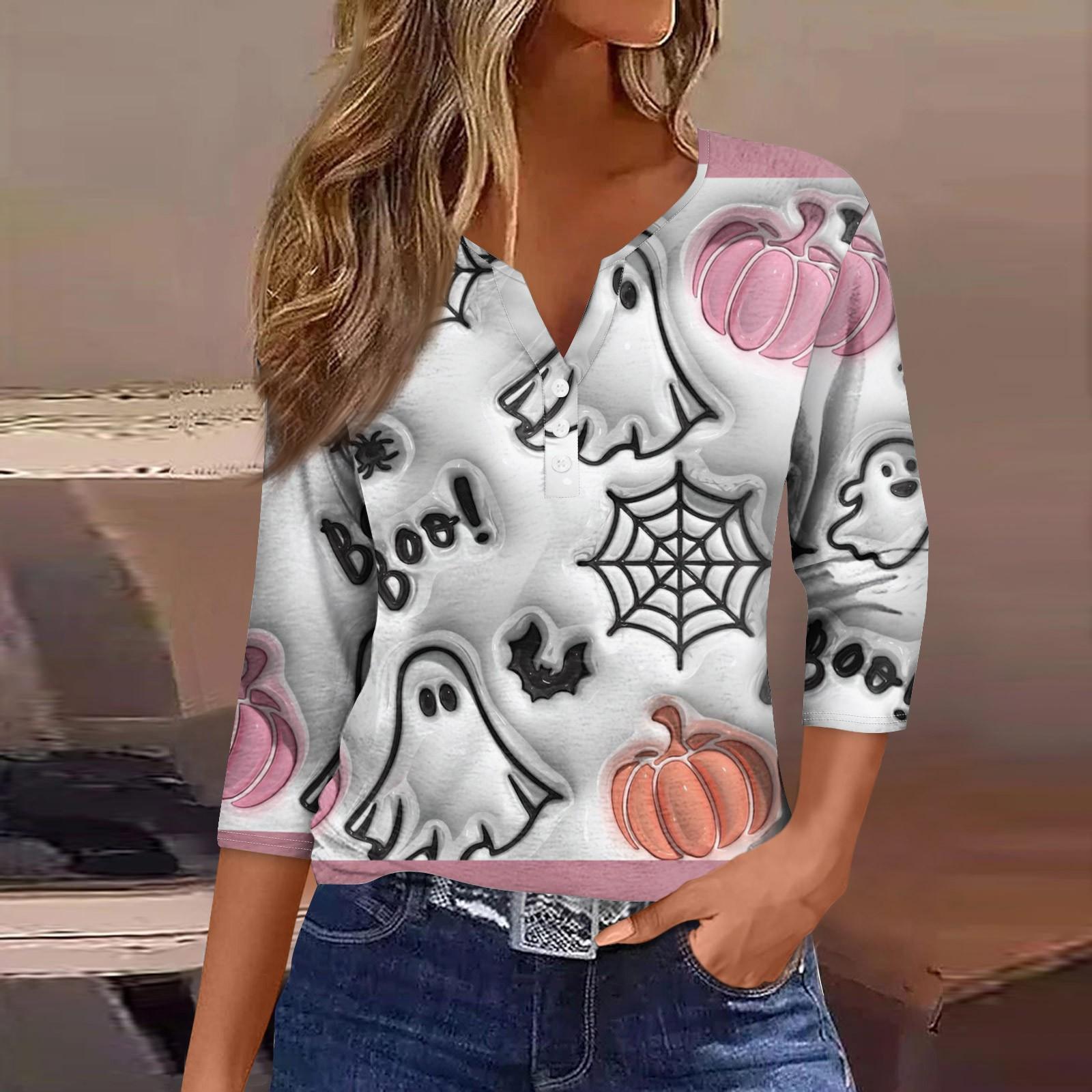 

Женская футболка с V-образным вырезом на пуговицах, с рукавом три четверти, на Хэллоуин S