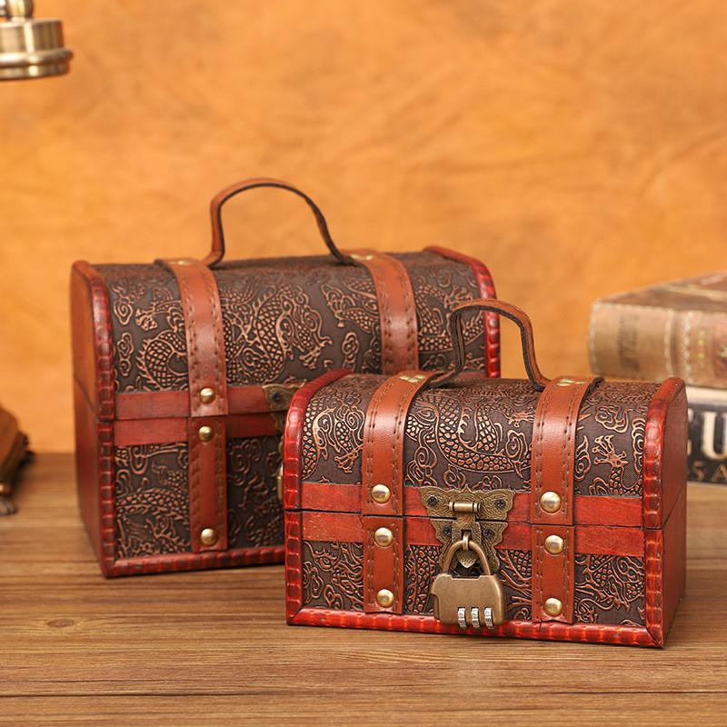 Retro Dragon Pattern Wooden Storage Box With Metal Lock For Storage Desktop