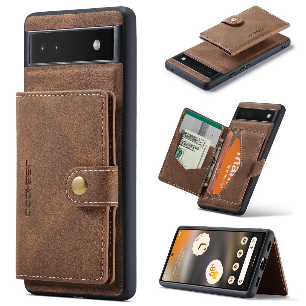 For Google Pixel 6a Case JEEHOOD J01 Retro Leather Phone Back Cover with Detachable Magnetic Card Holder