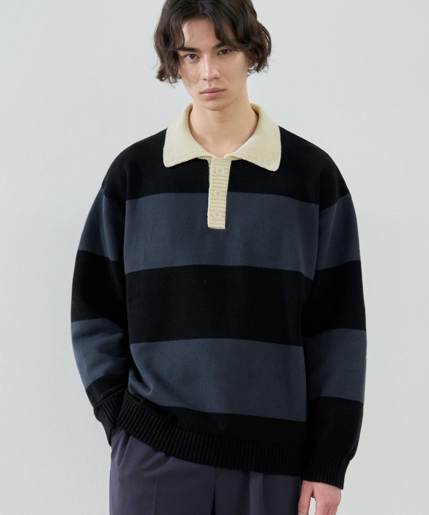 Drawfit Striped Cotton Collared Knit [Black] M