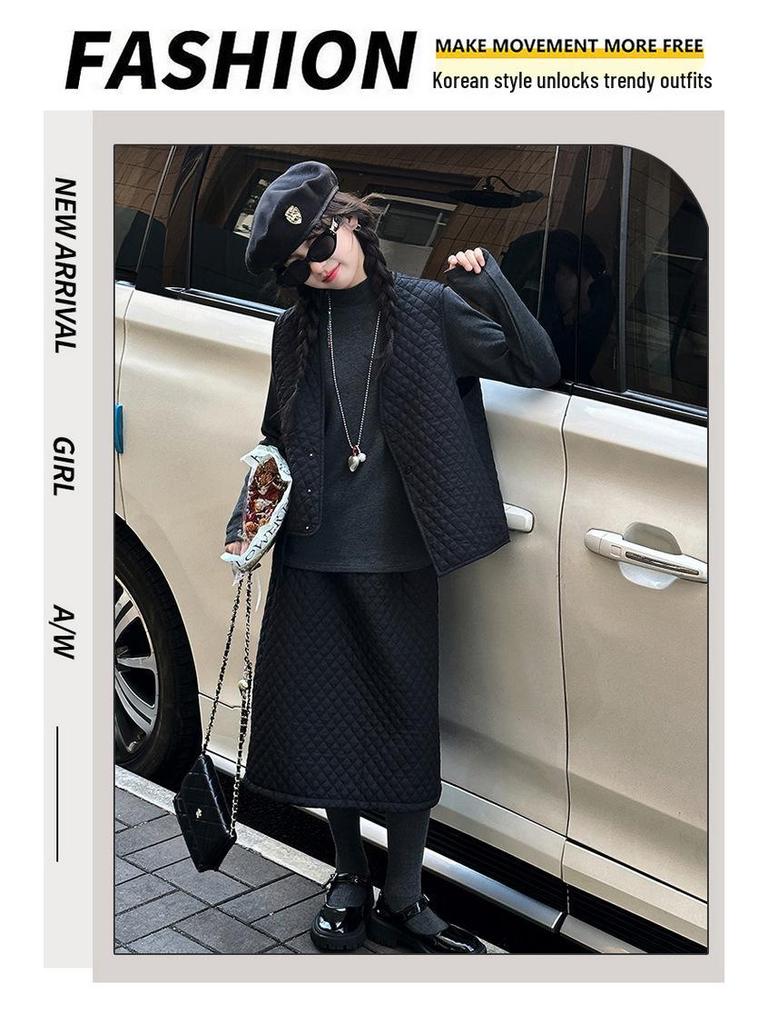 Set Vestă Matlasată și Fustă Midi pentru Fete - Modă Toamnă/Iarnă