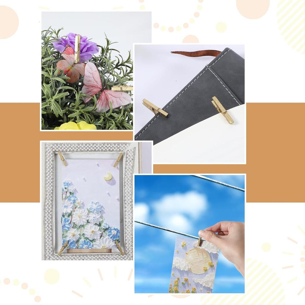 100PCS Mini Wooden Clothesp for Photos 1In Gold Mini Clothes P for Crafts Natural Texture Clips Small Clothes Pin Tiny Decorative Clothesp for Baby