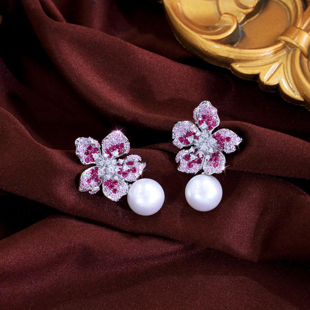 Needle French Light Luxury High-End Three-Dimensional Flower Pearl Earrings Design Zircon Pearl Ear Jewelry