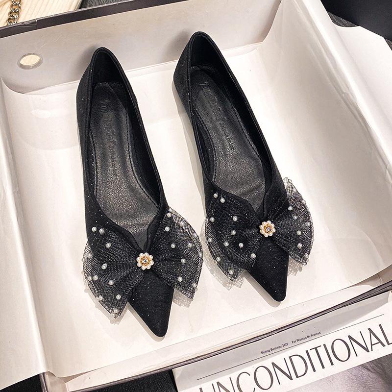 Fashion 2025 Spring Summer Lace Bow Flat Shoes for Women Pointed Toe Pearl Studded Ballet Flats Ladies Pearl Flower Loafers Big Size 43