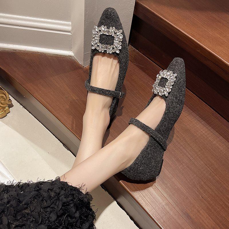 Buckle small fragrant wind plush winter 2025 rhinestone thick heel new square head gentle temperament scoop Mary Jane shoes children