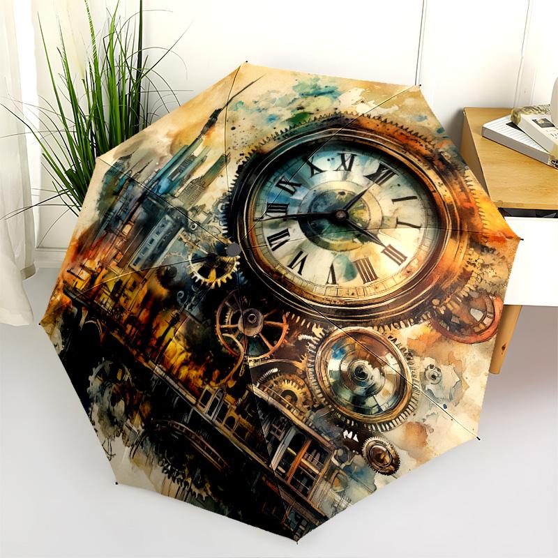 Steampunk  pattern, automatic folding umbrella, portable and foldable design, 8 ribs, a Christmas or birthday gift.