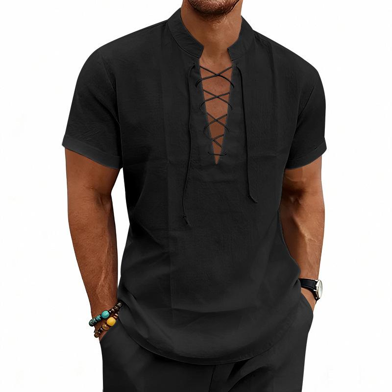 Men's Linen‑Blend Lace‑Up Stand‑Collar Shirt, Crisscross Tie Front V‑Neck, Short Sleeve, Breathable Relaxed‑Fit Medieval Renaissance Casual Summer Top