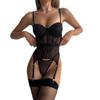 Women’s European & American Sexy Lingerie Set, Sheer Mesh Patchwork Bodysuit with Padded Push-Up Cups, One-Piece Intimate Wear with Thong