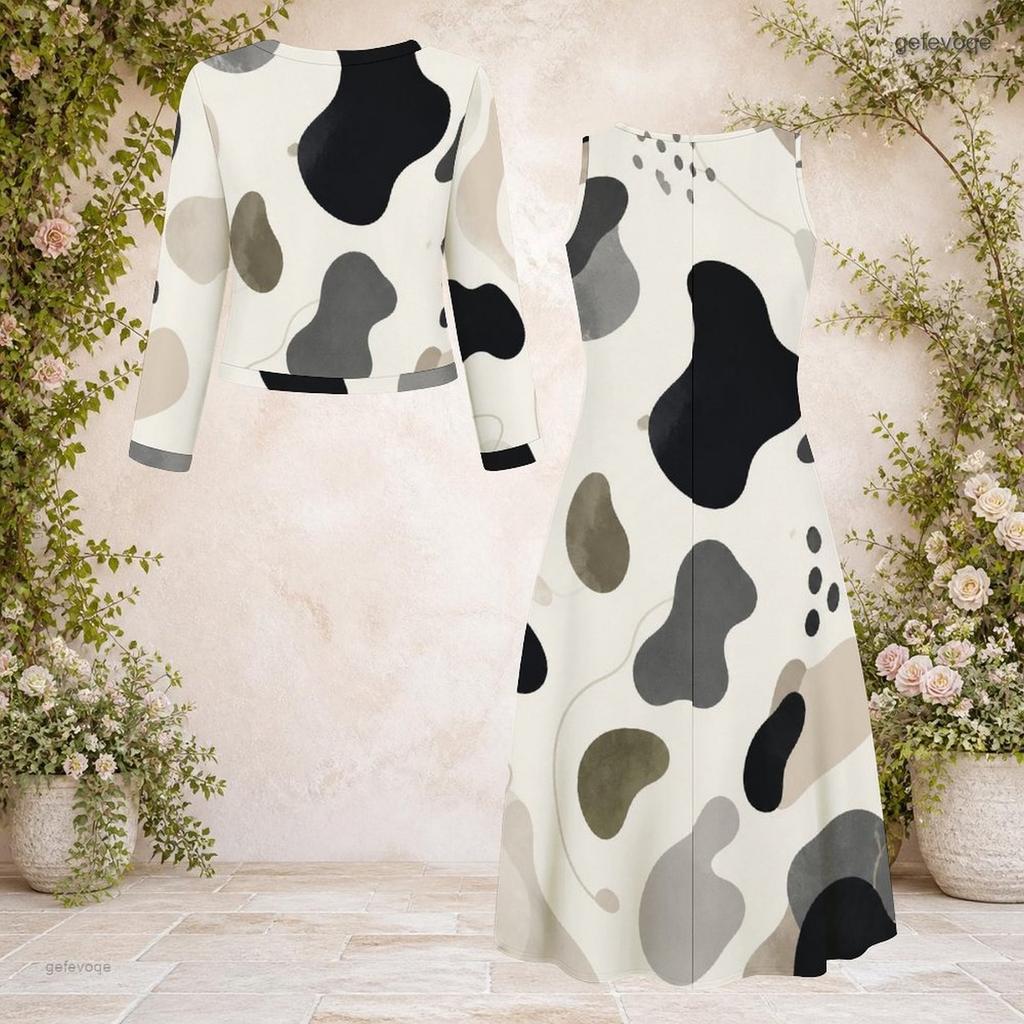 Women Plus Size Abstract Printed Two Piece Set Round Neck Long Sleeve Cropped Cardigan Sleeveless Midi Dress