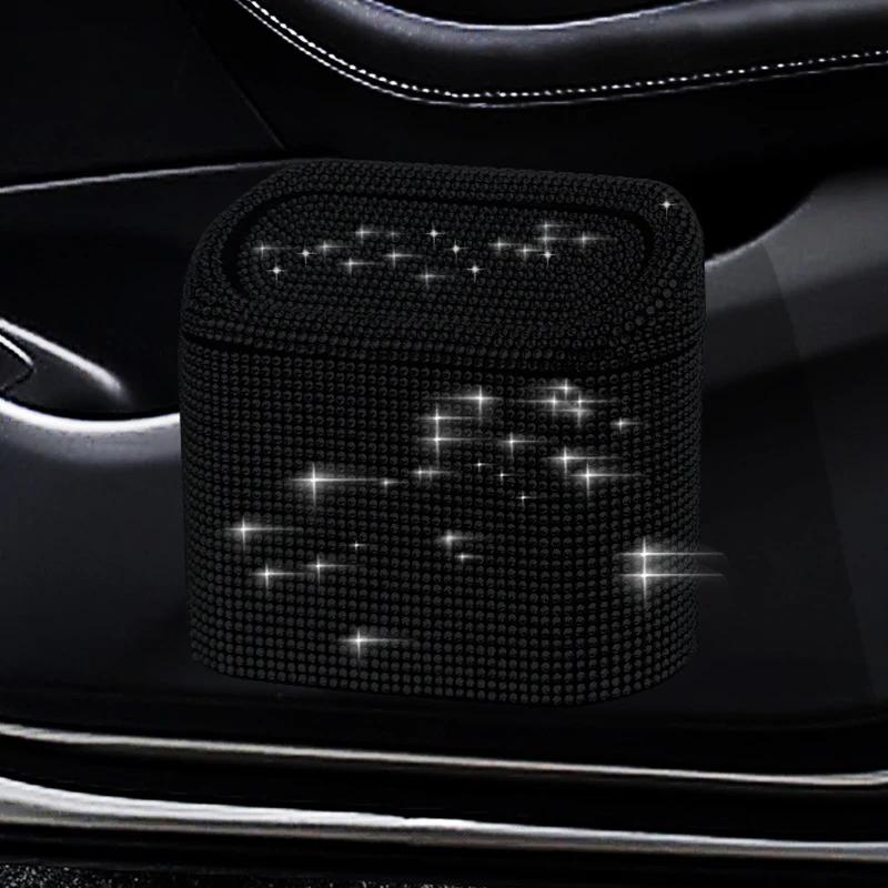Luxury Bling Rhinestone Car Trash Bin Hanging Garbage Dust Case Storage Box Pressing Type Trash Can Auto Interior Accessories