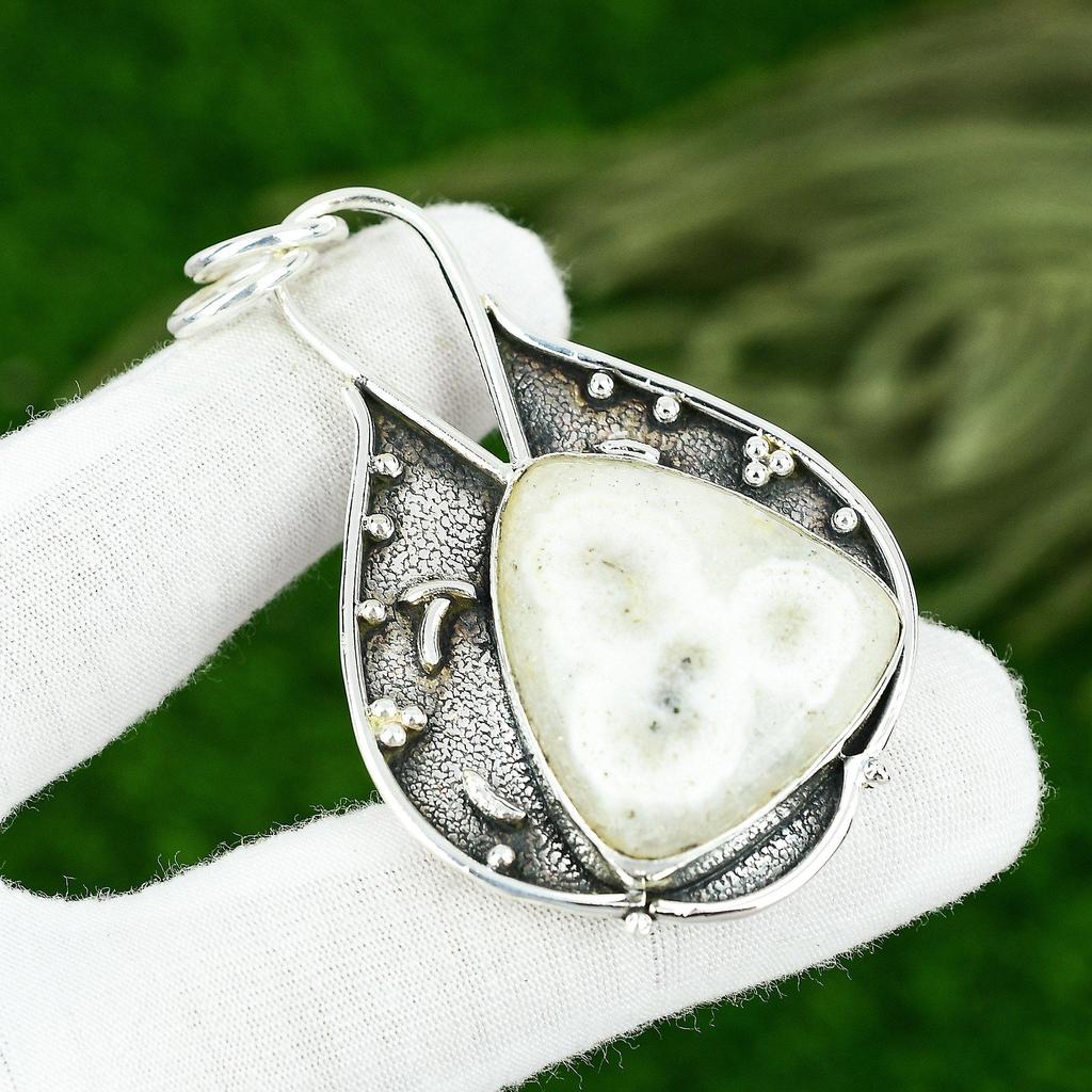 925 Sterling Silver Trillion Natural Solar Moss Opal Engagement Sister Pendant