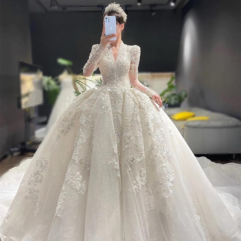 Heavy industry wedding dress bride   new main dress texture large size pregnant woman small fat mV neck long sleeve wedding dress