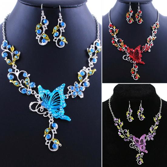Lady Bridal Vinatge Butterfly Flower Bib Statement Necklace Earrings Jewelry Set