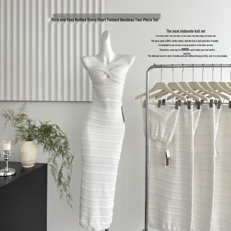 

Винтажный комплект из двух частей Xinxing Qiao er в курортном стиле, облегающее вязаное платье-бандо с перекрутом L (112-120 lbs)