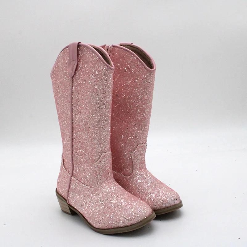 Girls Knee High Riding Boots Solid Color Glitter Leather Boot Autumn Winter Sexy Zipper Low Heel Pumps Sequin Comfortable Shoes