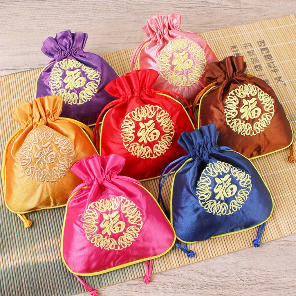 Drawstrings Bag Fu Word Embroidered Multipurpose Elegant Portable Gift Bags Artsy Pouches Wedding Christmas Household