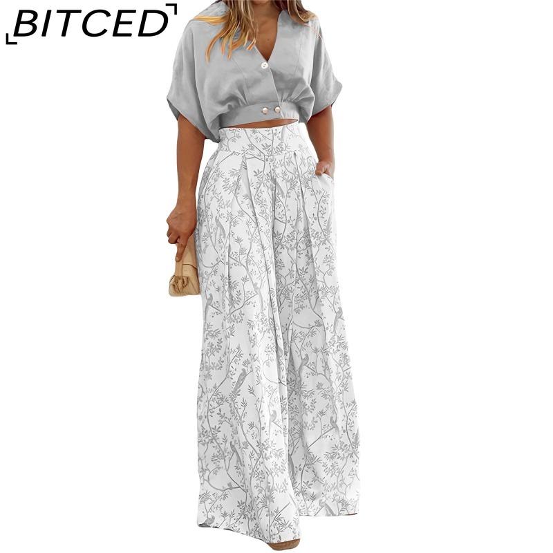 BITCED Summer Set Shirt Top with V-Neck Fashion Print Wide-Leg Trousers Stylish Set