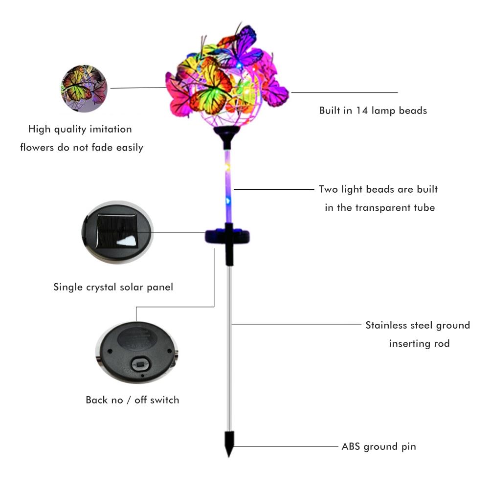 Solar Garden Lights Solar Powered Stake Lights Adorned with 18 Butterflies and Copper Cord for Pathway Lawn Outdoor