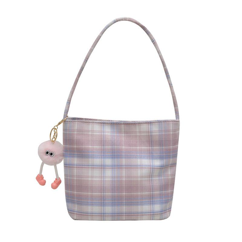 Canvas Bucket Bag For Women With Zipper Closure And Check Pattern Design For Daily Use