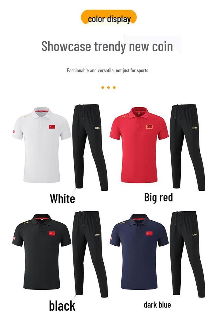 Summer Team Sports Polo Set: Men's & Women's Short-Sleeved Shirts with Casual Men's Trousers
