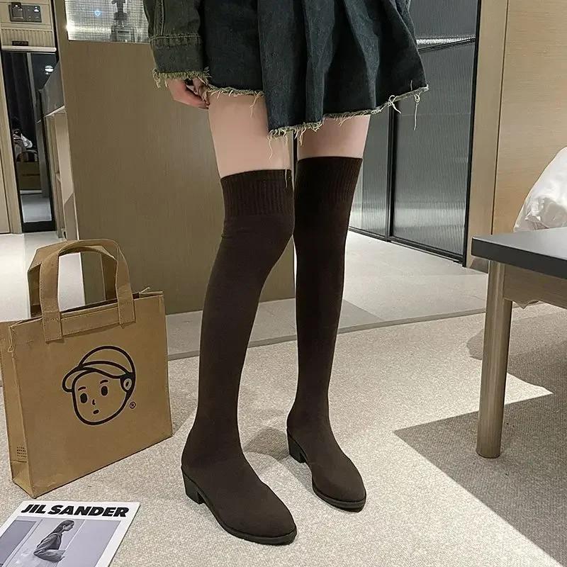 Fashion Knee High Shaft Shoes Woman Middle Heel Thigh Long Boots for Women Pointed Toe Above Over The Y2k On Offer Spring Autumn Work Pu