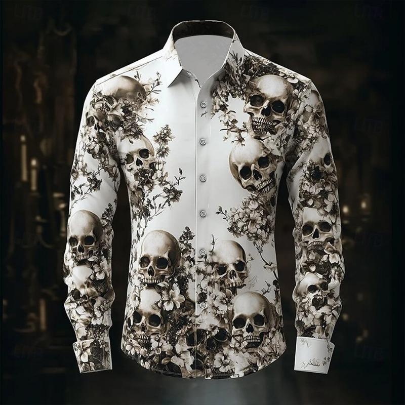 Halloween Thema Mannen Halloween Kostuums Schedels Shirt Knoopsluiting Shirt Casual Overhemd Lange Mouw Donkere Gotische Stijl Tops