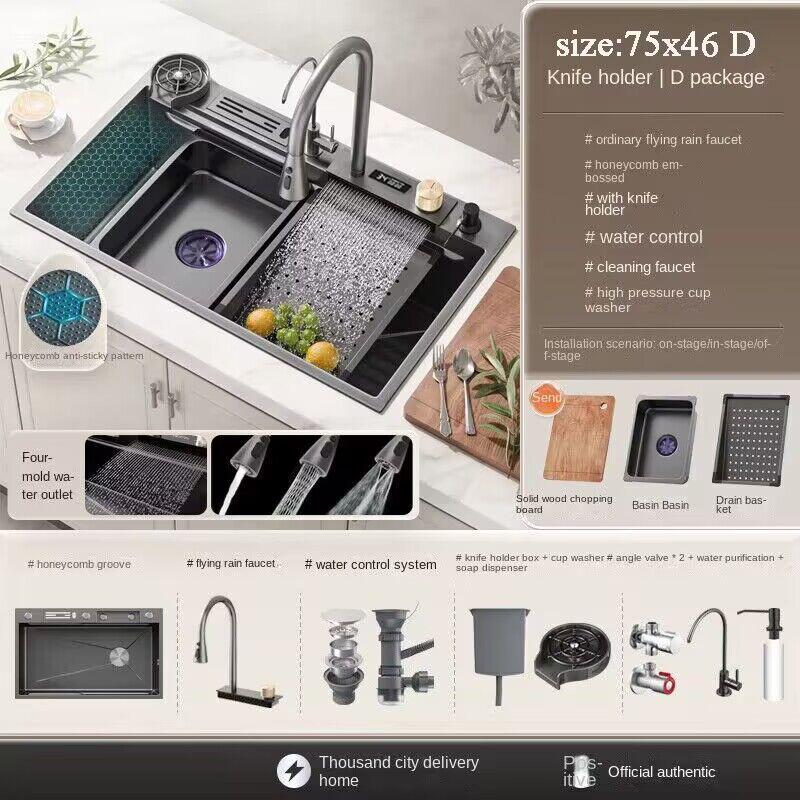 Embossed Honeycomb Flying Rain Waterfall Sink Handmade Kitchen 304 Stainless Steel Large Single Slot Vegetable Wash Basin Sink