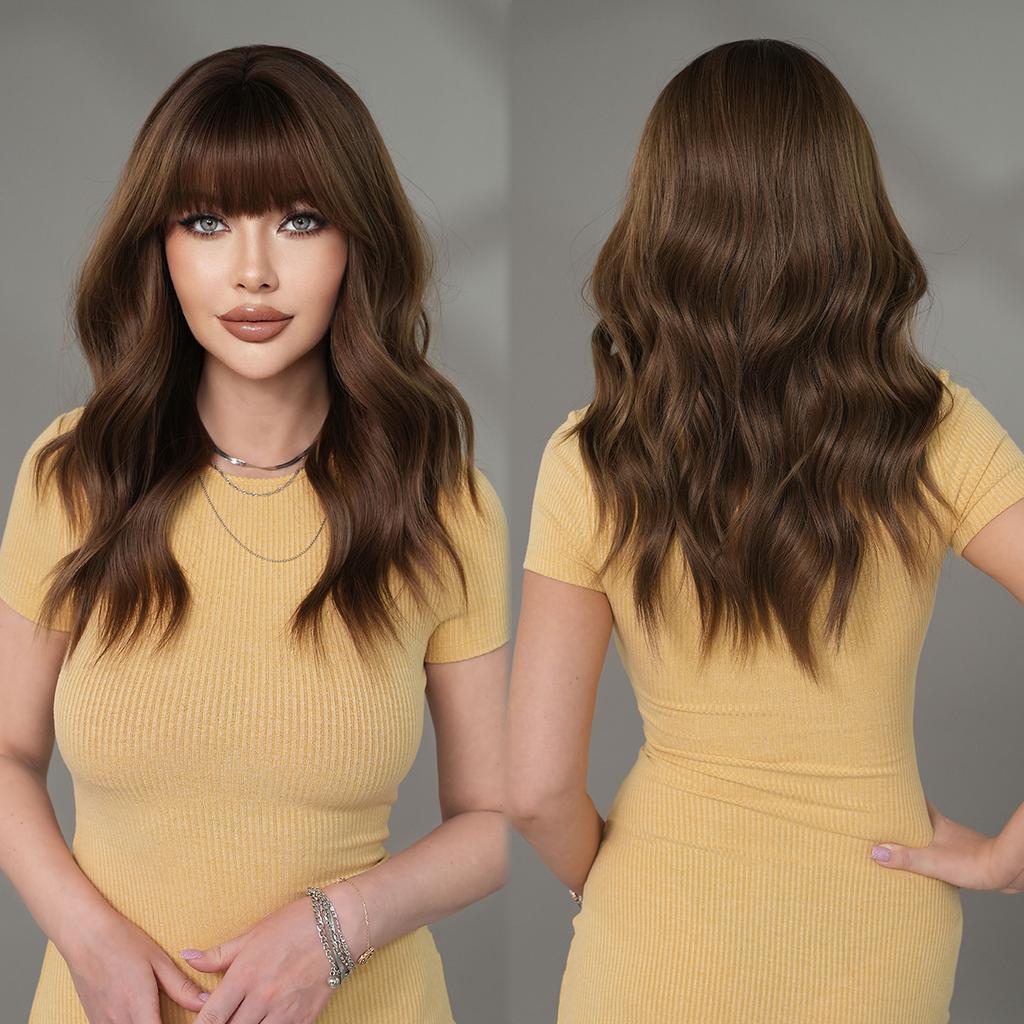 Women Synthetic Wavy Golden Brown Wigs with Bangs Natural Fluffy Hair Daily Party Costume Heat Resistant Fibre