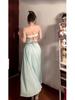 Green Spaghetti Strap Backless A-Line Summer Dress with Cinched Waist  