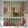 One Piece of a Polyester Shower Curtain Featuring a Leopard in a Bathtub Surrounded by Pink Roses, Complete with 12 Hooks. It'