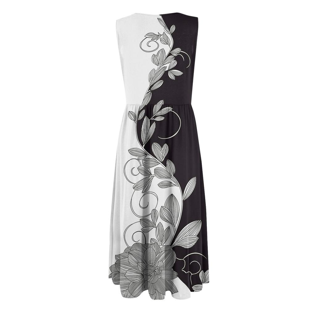 Women's Fashionable Printed Round Neck Sleeveless Casual Pullover Pocket Mid Length Dress