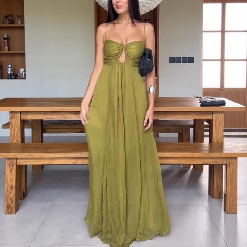 High-Waisted V-Neck Sleeveless Maxi Dress With Flared Skirt Solid Color Resort Wear 2025