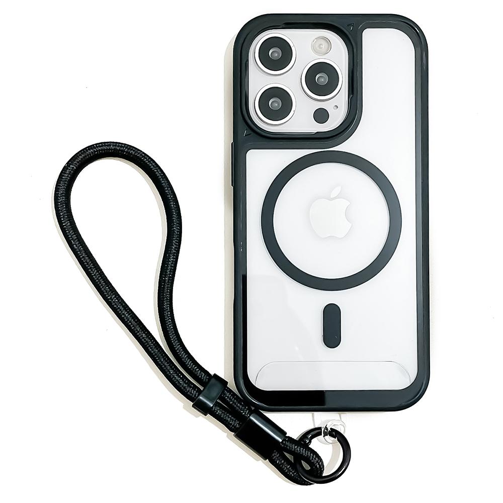 

For iPhone 16 Pro Case Magnetic Case with Strap PC+TPU Shockproof Phone Cover Black