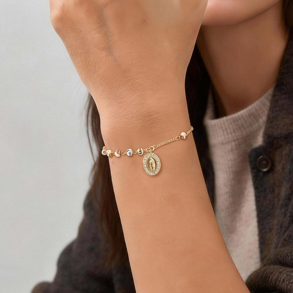 Luxury Retro Virgin Mary Tri-color Bead Cross Bracelet for Women, Adjustable Chain Jesus Pendant Bracelet, Religious Jewelry