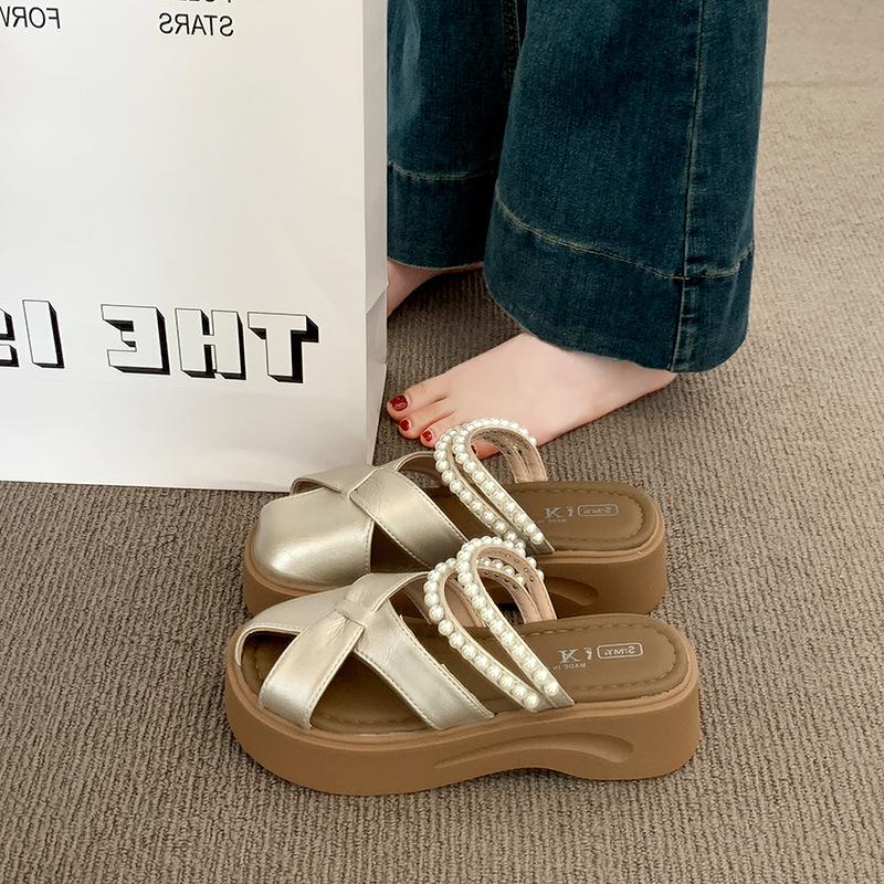 High-end Silver Two-wear Hollow Bag Head Half Slippers Women's 2025 Summer Wear with Skirt Pearl One-pedal Slippers