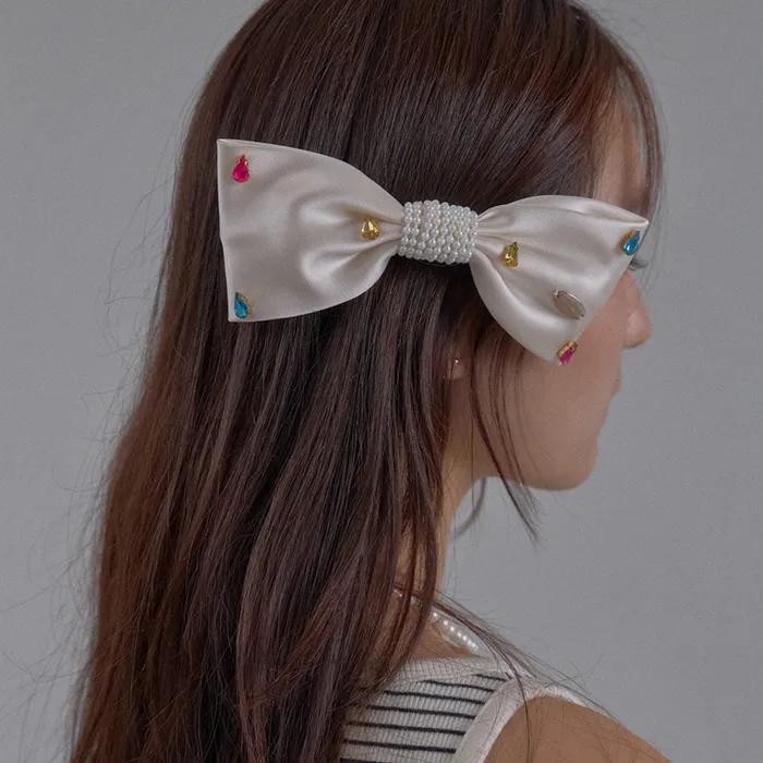 Crystal Gem Satin Bow Hairpin_Cream