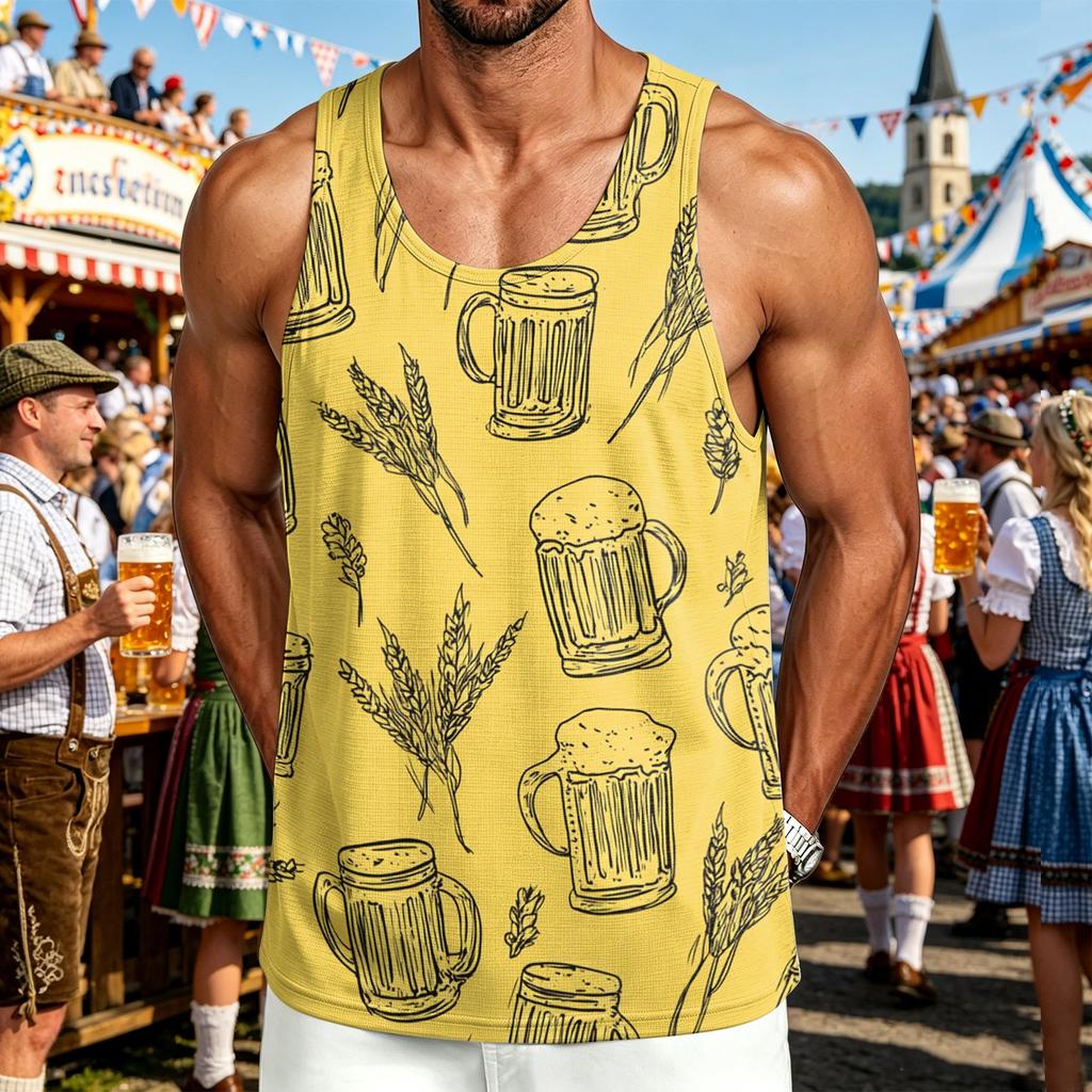 Canottiera Sportiva Casual da Uomo per Esterno con Stampa Birra e Bretzel Senza Maniche Girocollo Estiva Maglietta per Muscoli