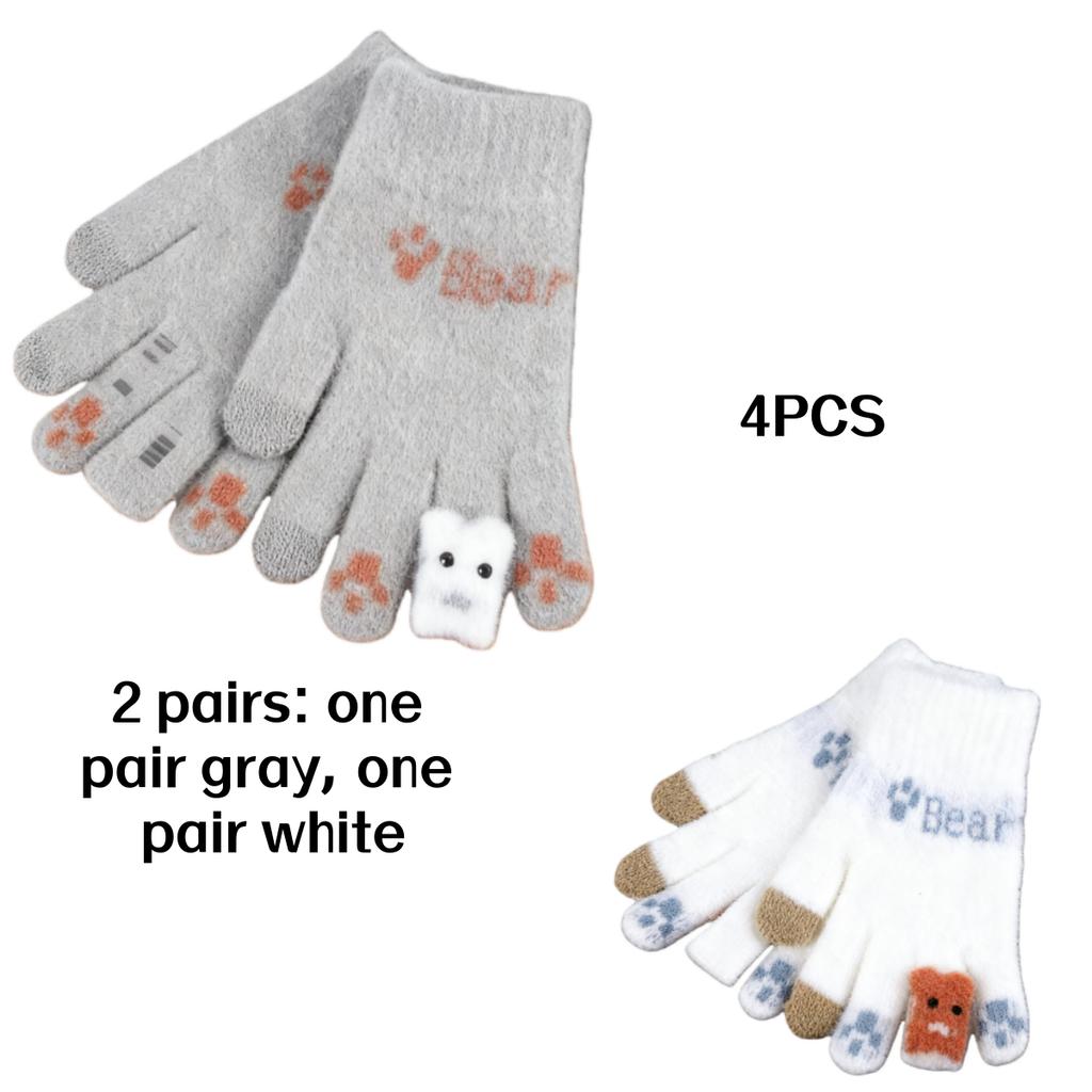 2/4Pcs (1/2 Pair) New Cute Bear Touchscreen Gloves with Fleece Lining, Thickened for Warmth, Suitable for Cycling In Winter Warm In Winter