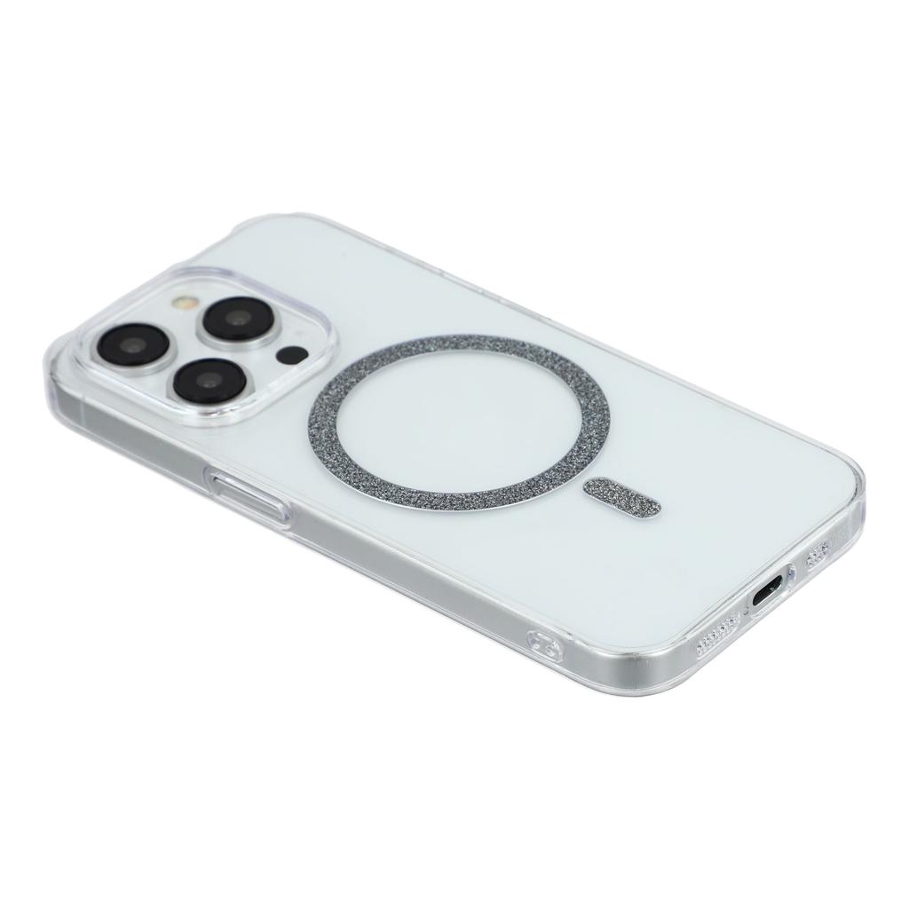 For iPhone 14 Pro Magnetic Case Glitter Ring 1.5mm Hard PC Clear Phone Cover