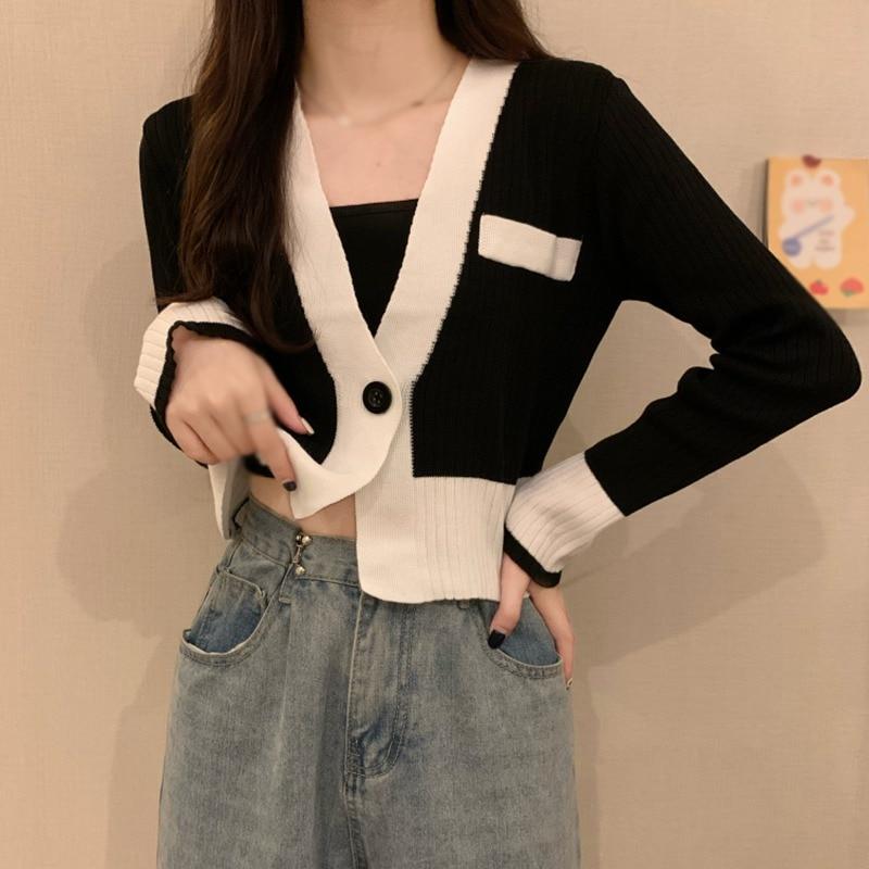 

Knitting outside Top Shirt Female Long Sleeve Autumn Korean Short Retro Contrast Hairy Sweater Thin Coat 40-65kg