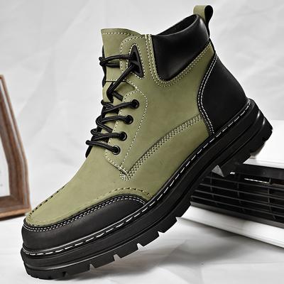 New Men's Casual Shoes, Green&Grey Tooling Leather Boots with Optional Fleece Lining, Wear-Resistant Platform Autumn Winter Boot