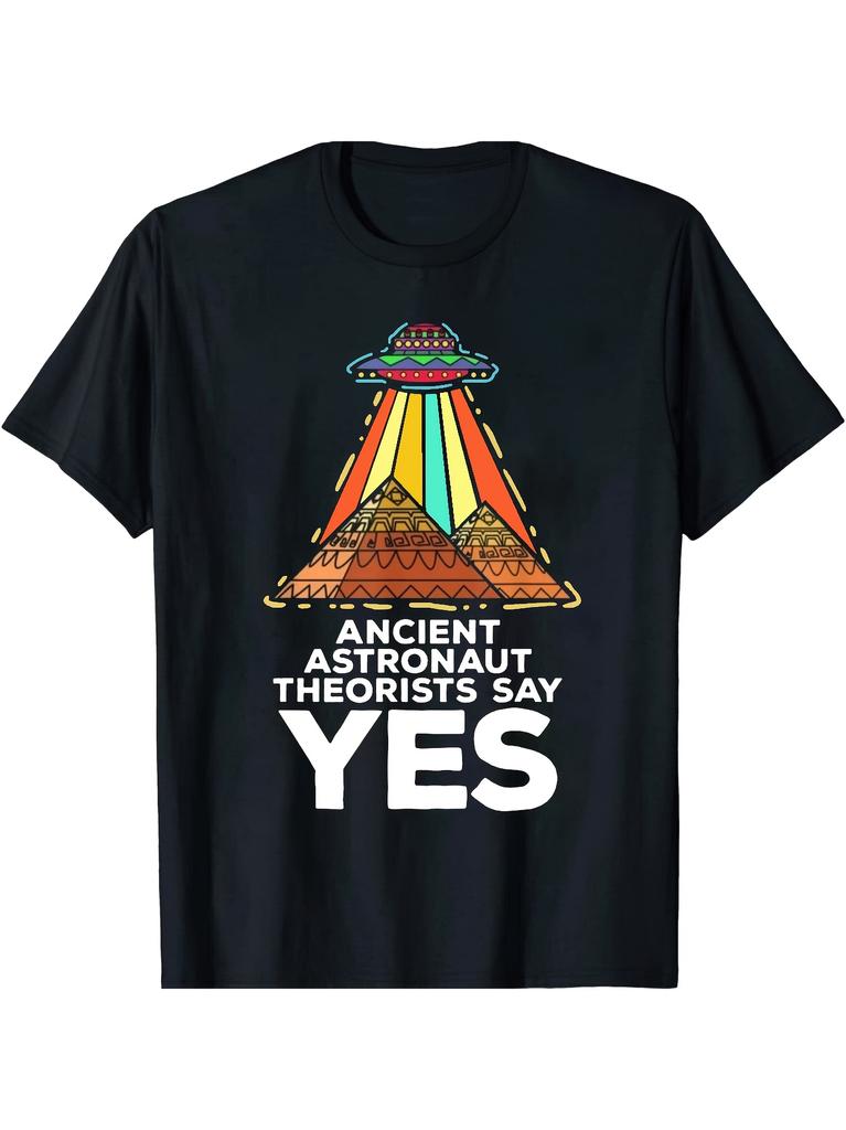 Men'S Summer Round Neck Short Sleeve T-Shirt Featuring UFO And Pyramid Designs, Perfect for Casual W
