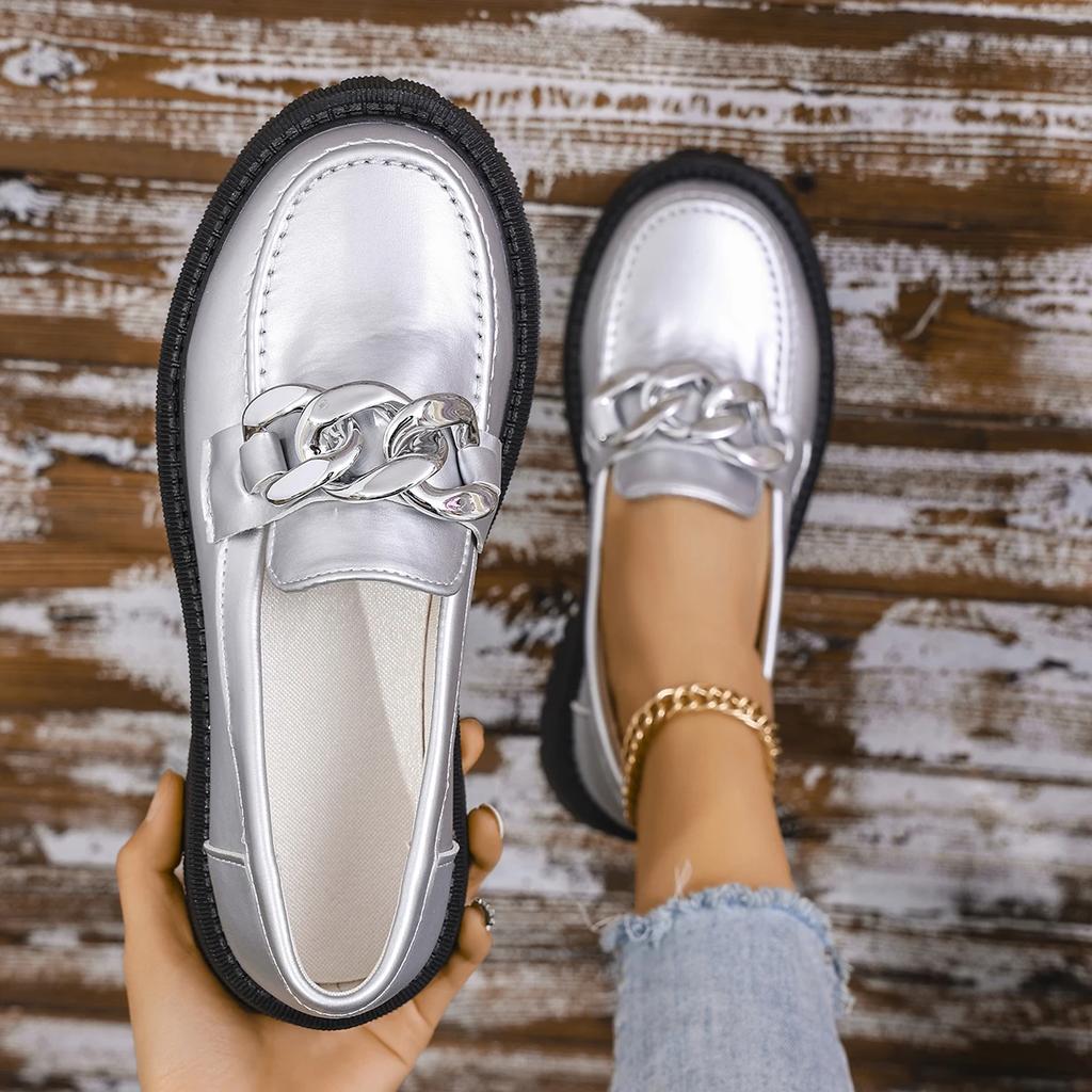 Fashion Chain Decor Silver Loafers for Women Platform PU Leather Casual Shoes Woman Spring Summer Comfort Slip On Flats Shoes Plus Size