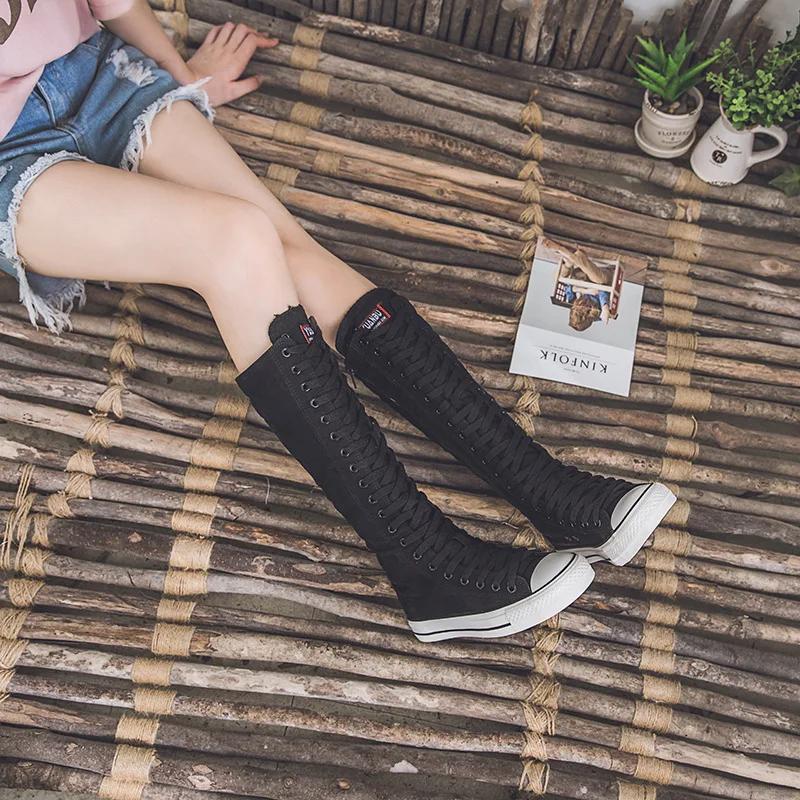 Summer High Top Women's Shoes Knee High Boots Side Zipper Flats Vulcanized Shoes Lace-Up Comfortable Platform Sneakers Female